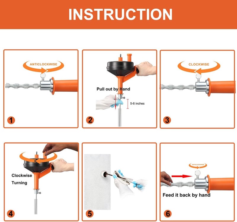 BACEYIOU Drain Auger, Clog Remover with Drill Adapter, 25 Feet Flexible Plumbing Snake Use Manually or Powered for Kitchen, Bathroom and Shower Sink, Comes with Gloves (orange) - Image 3
